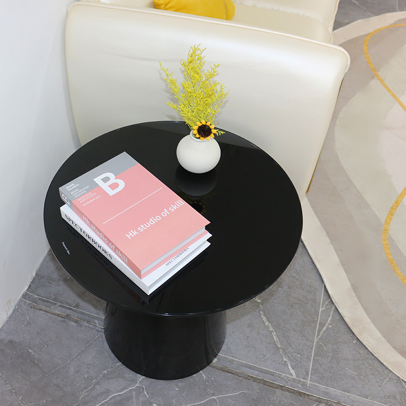 small black round metal glass side table